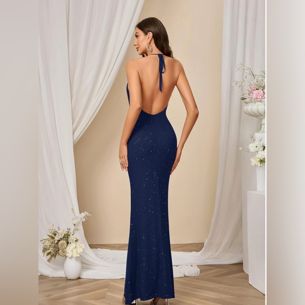 Parthea Women's Navy Sequin sparkling Bodycon Maxi Dress - Picture 2 of 5
